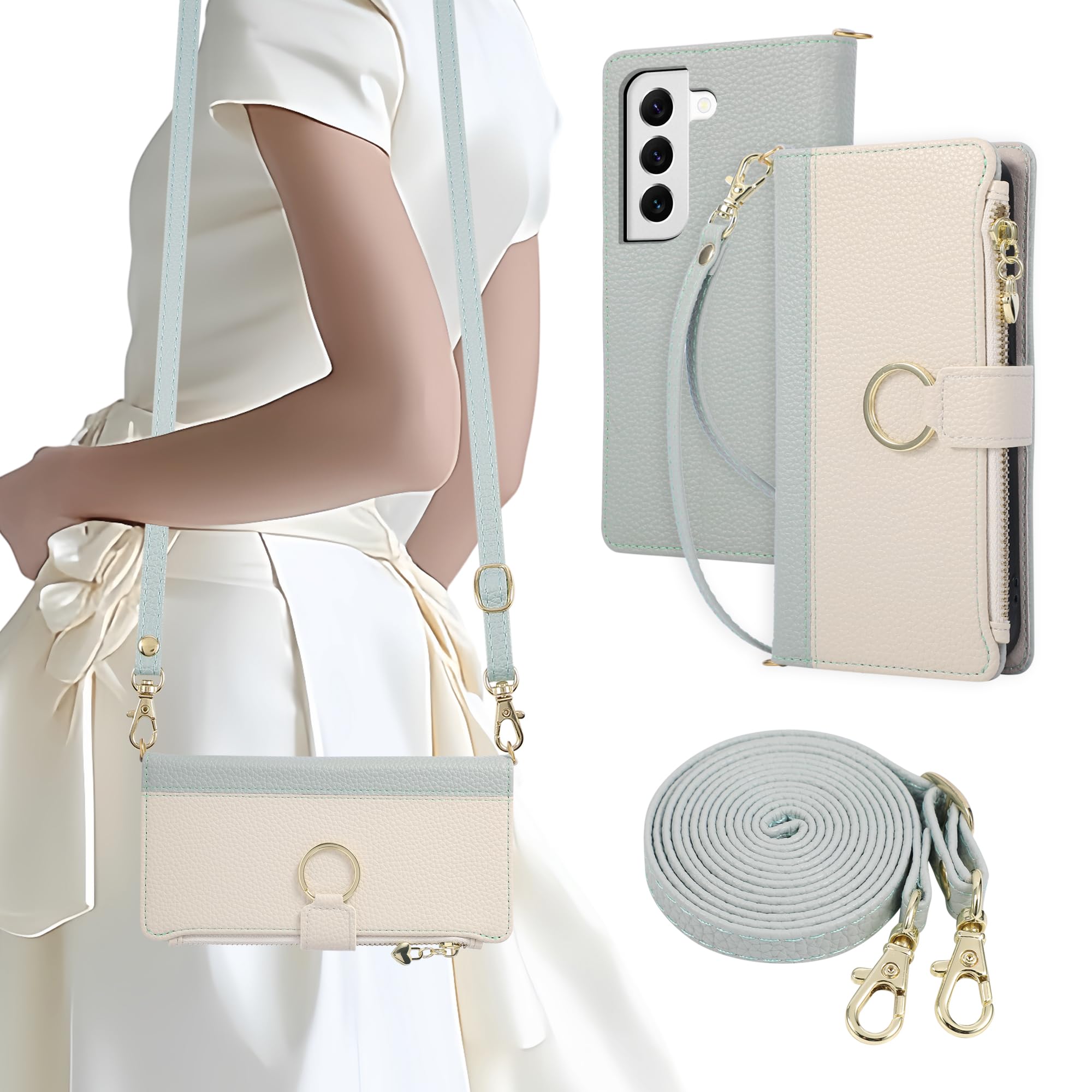 Gedurya Galaxy S22 ケース 手帳型 ギャラクシーs22 ケース ショルダー SC-51C SCG13 用 手帳型ケース ストラップ付き ギャラクシー s22 スマホケース リング付き 携帯カバー ファスナー付き 小銭入れ カード収納 財布型 マグネット式 スタンド機能 肩掛け 斜め掛け 女性 おしゃれ バイカラー (ホワイトブルー)