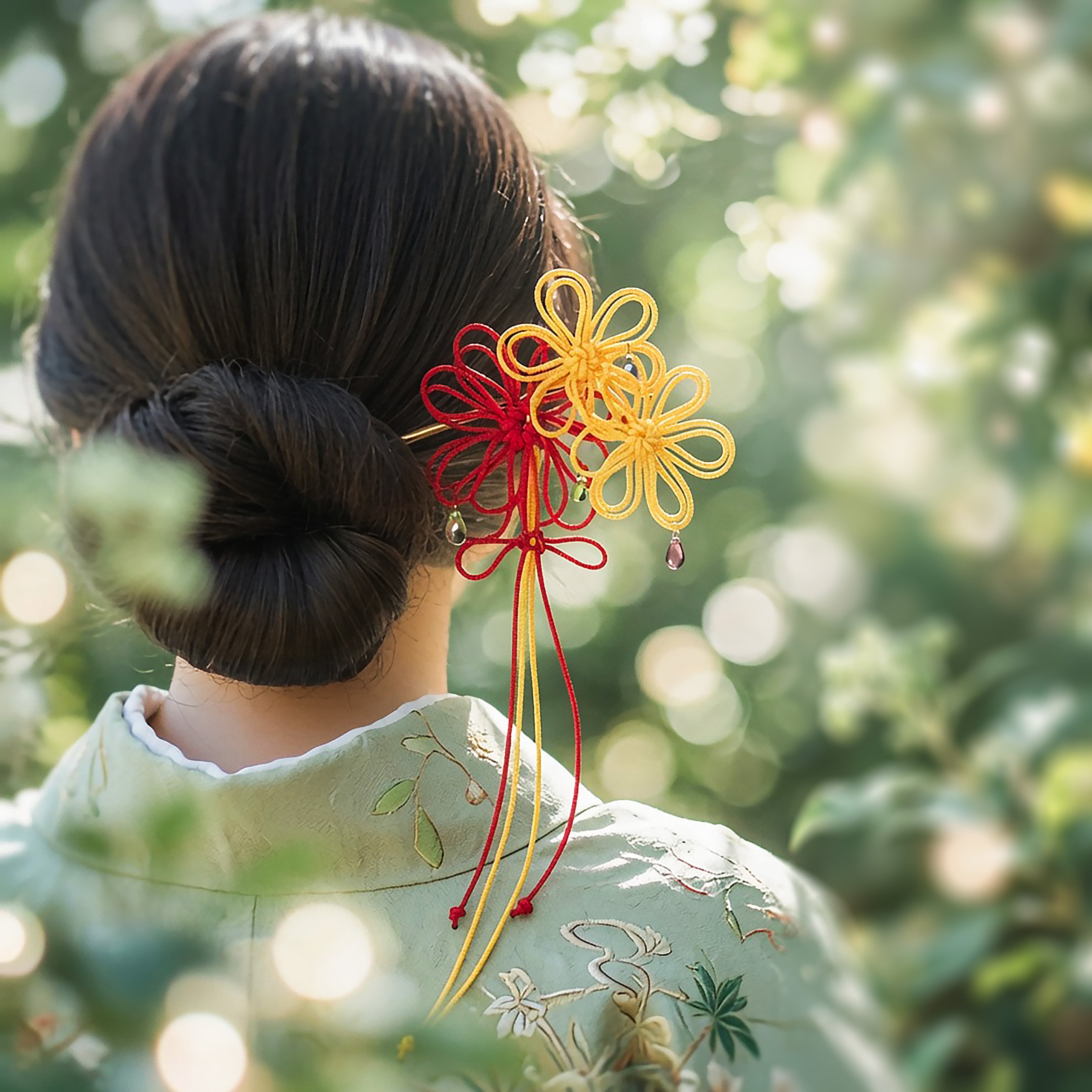 飾り結びかんざし「唄ほのか」(黄×赤)【軽量】浴衣・着物・フォーマルの和装ヘアに。