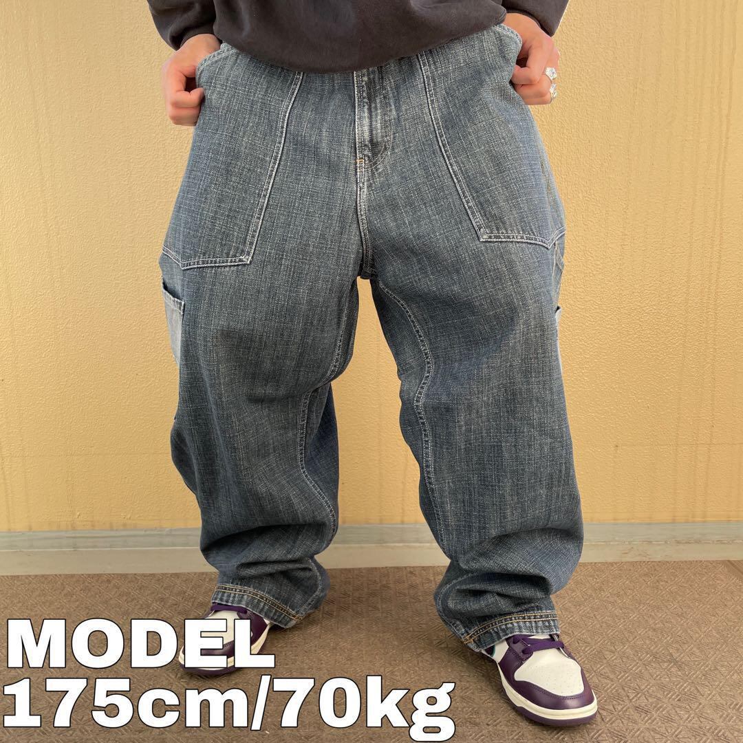 W38 ファットファーム ワイドバギーカーゴパンツ ボトム デニム ブルー青