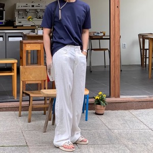 リネンライク薄軽ストレートカジュアルパンツ　0748