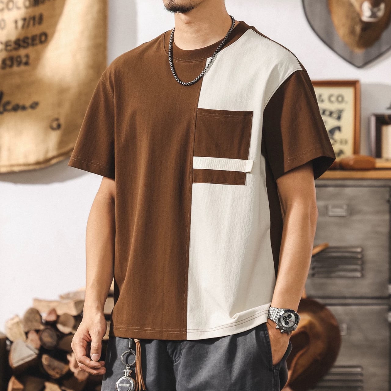 バイカラー パッチポケット付き クルーネックTシャツ 00528