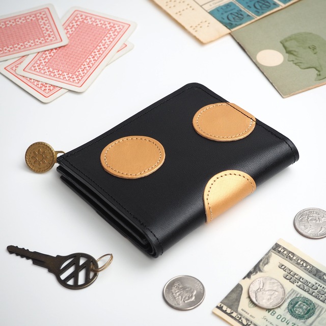 L-shaped zipper wallet (polka dot gold/black) genuine leather compact