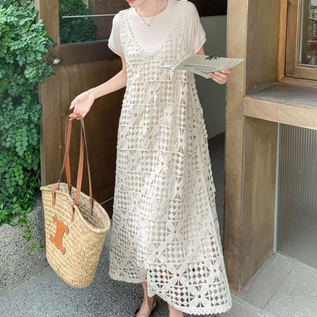 (2点セット)かぎ編みワンピース+ロングTシャツワンピース　L1159