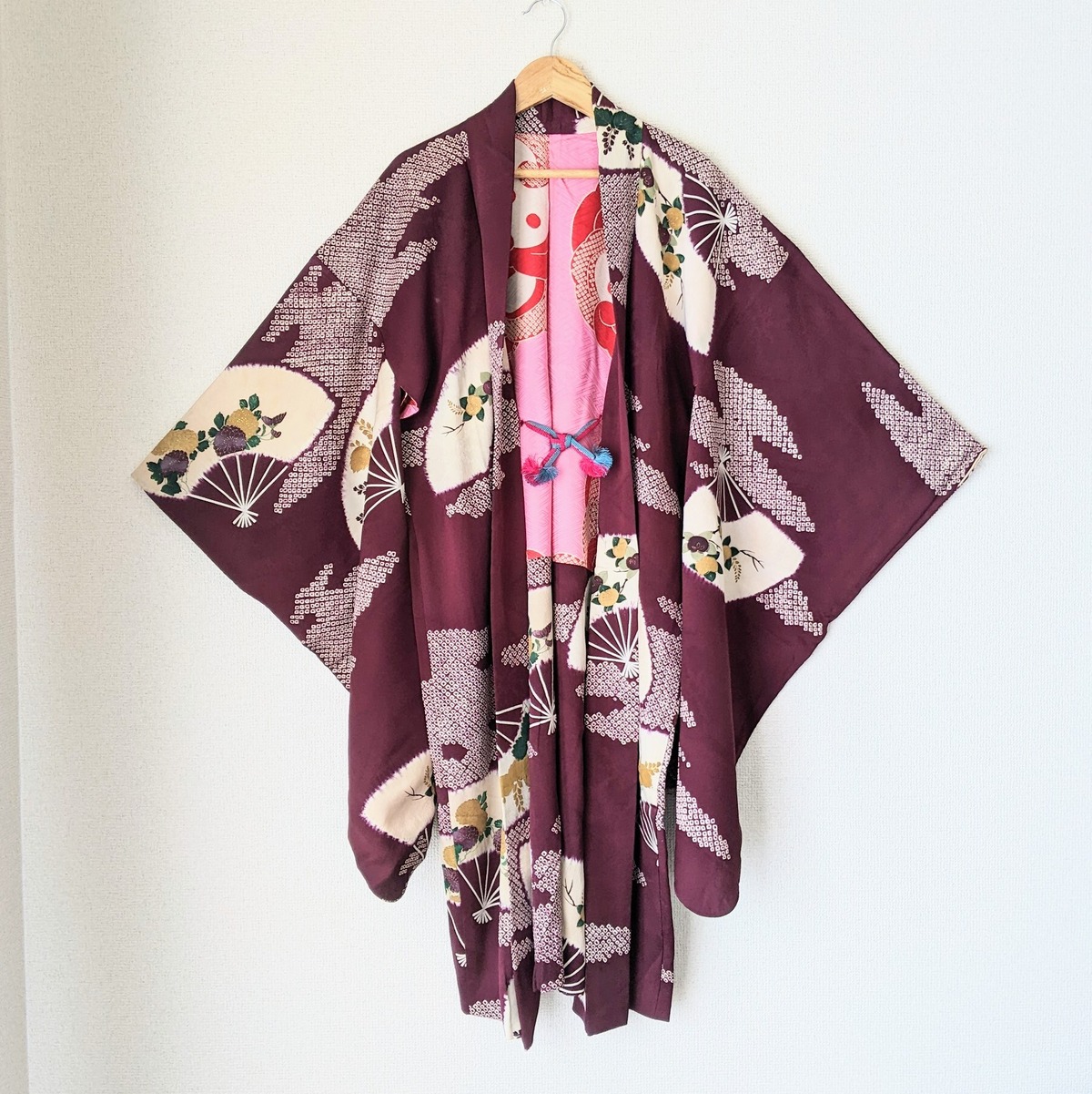 【Vintage】HAORI 長羽織 羽織 正絹 縮緬 暈し 京紫色 扇柄 裏地が可愛い シルク 大正浪漫 和洋折衷 | 古着屋 鎌倉洋品店
