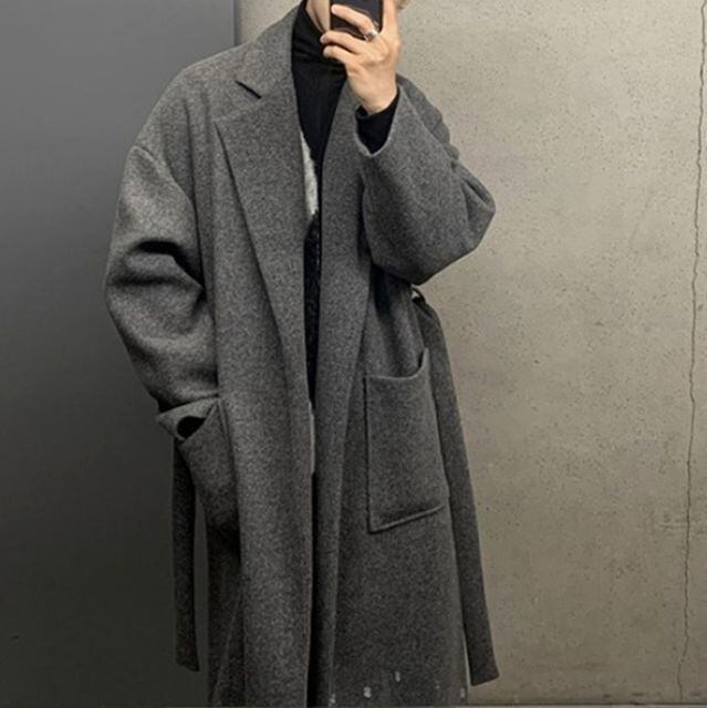 【予約販売】チェスターコート アウター ロング丈 メンズ 無地 袖タグ グレー ベージュ ビジネス 防寒 お洒落 こなれ感 ベーシック 秋冬 M/L/XL