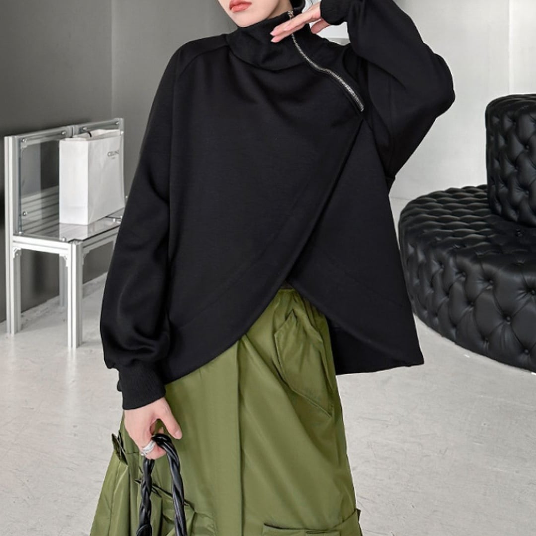 ハイネック変形ヘム斜めジッパープルオーバー PU0226