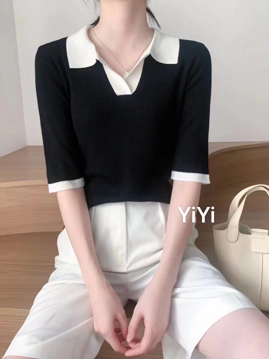 5部袖バイカラーニット　AJ111-221