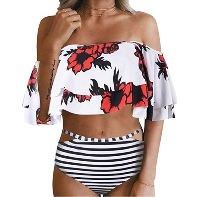 即納あり 水着 ビキニ オフショルダー フリル オフショル 花柄