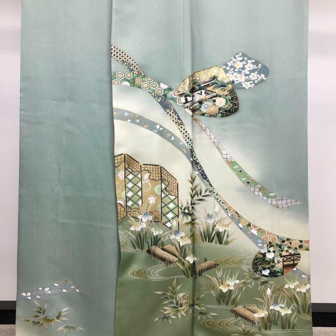 訪問着 貝合わせに熨斗 金彩花模様 豆青色 しつけ糸 K-3652 着物