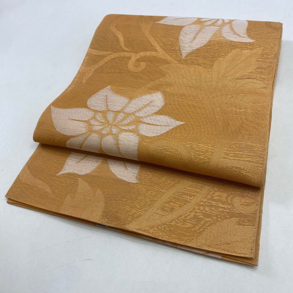 中古 夏用帯(袋) 正絹 草花 全通柄 ホワイト Aランク 414cm 5912