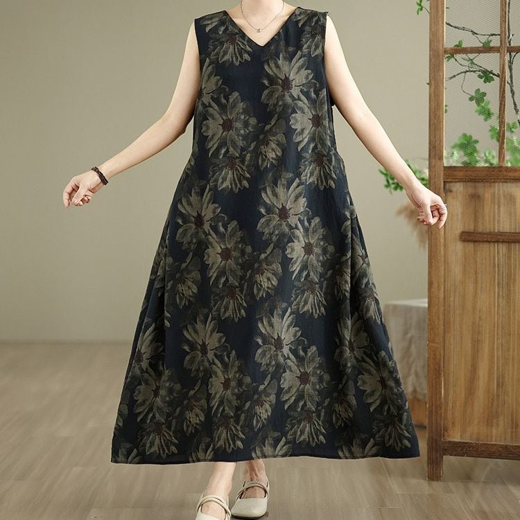 FLORAL SLEEVELESS V-NECK WAISTED MAXI DRESS M-17965