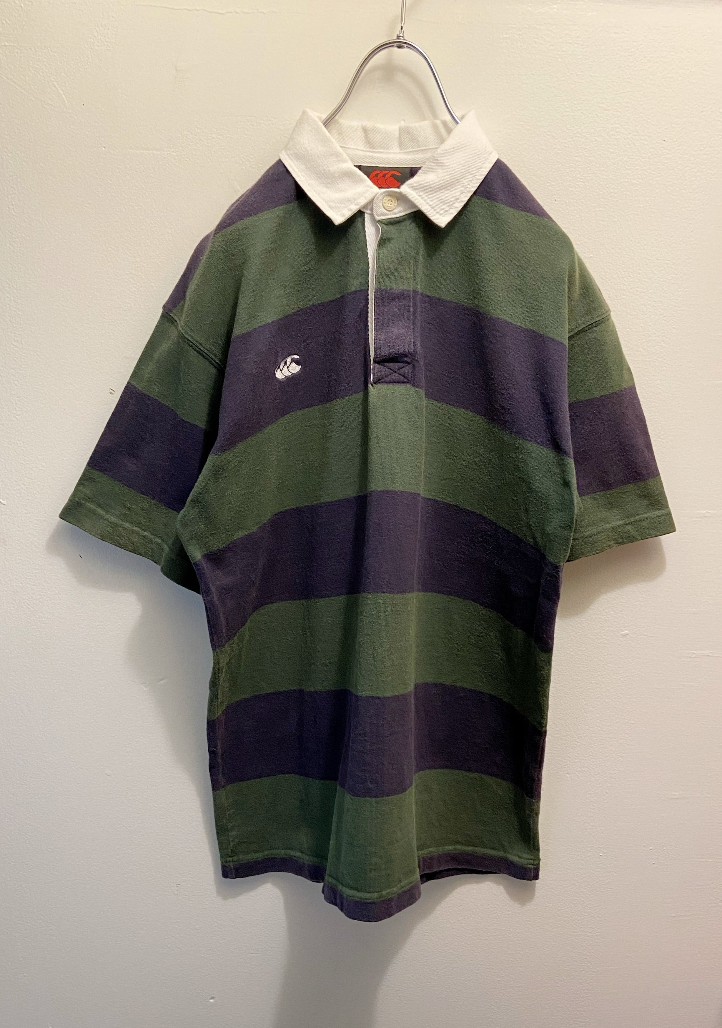 90s 古着 CANTERBURY/カンタベリー 半袖ラガーシャツ 刺繍ロゴ 深緑