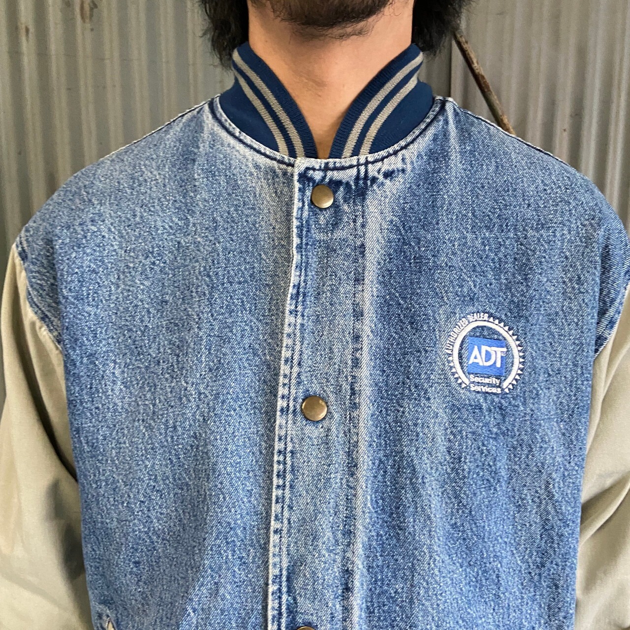 90年代 ワンポイント 企業ロゴ刺繍 デニムスタジャン デニムジャケット 