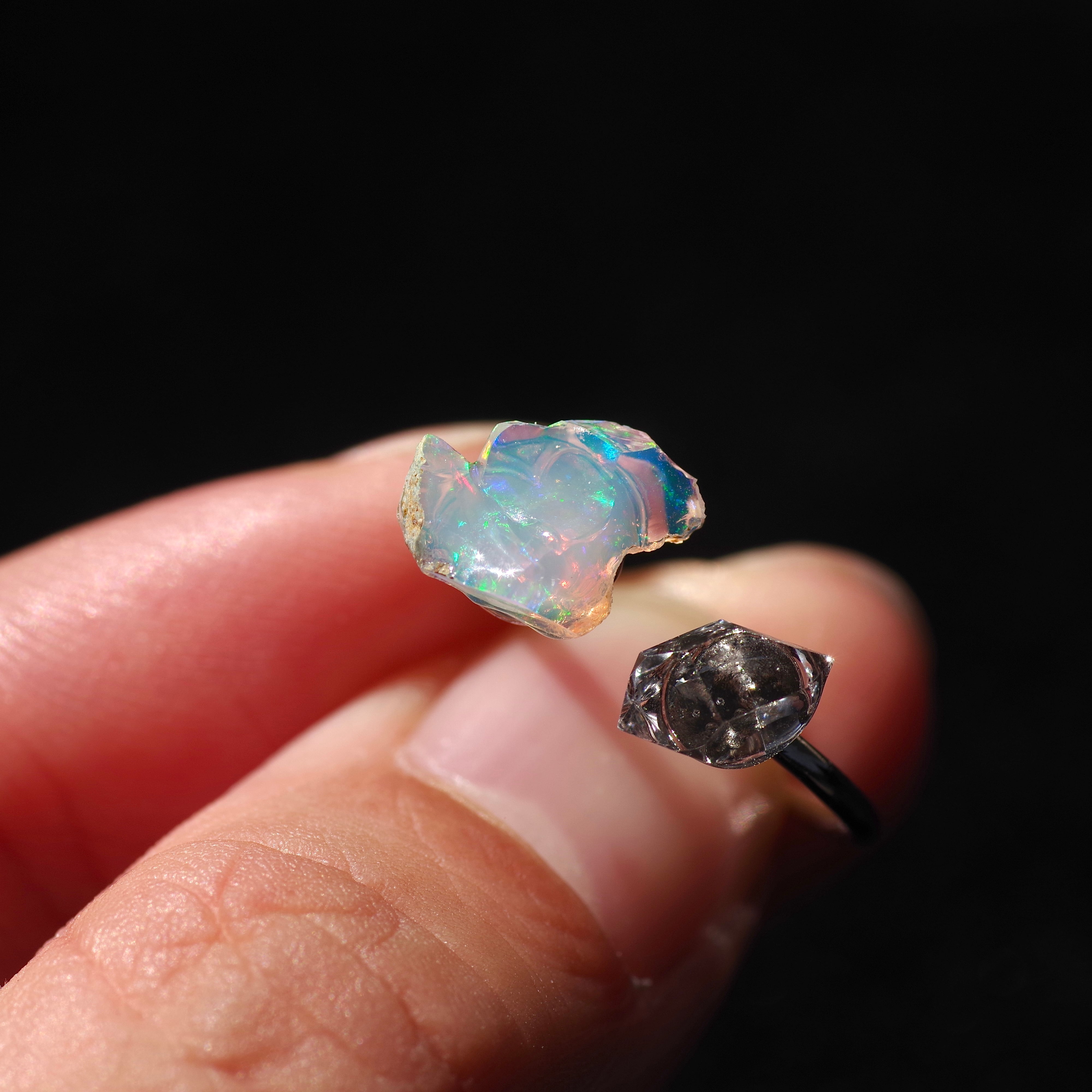 オパール & ハーキマーダイヤモンド (水晶) フリーサイズリング 指輪