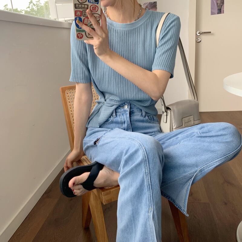 ストライプニットトップス サマースタイルルーズ半袖スリーブバックルTシャツ ショート ハーフスリーブ 夏物 ビッグFスモールZ韓国38250357191