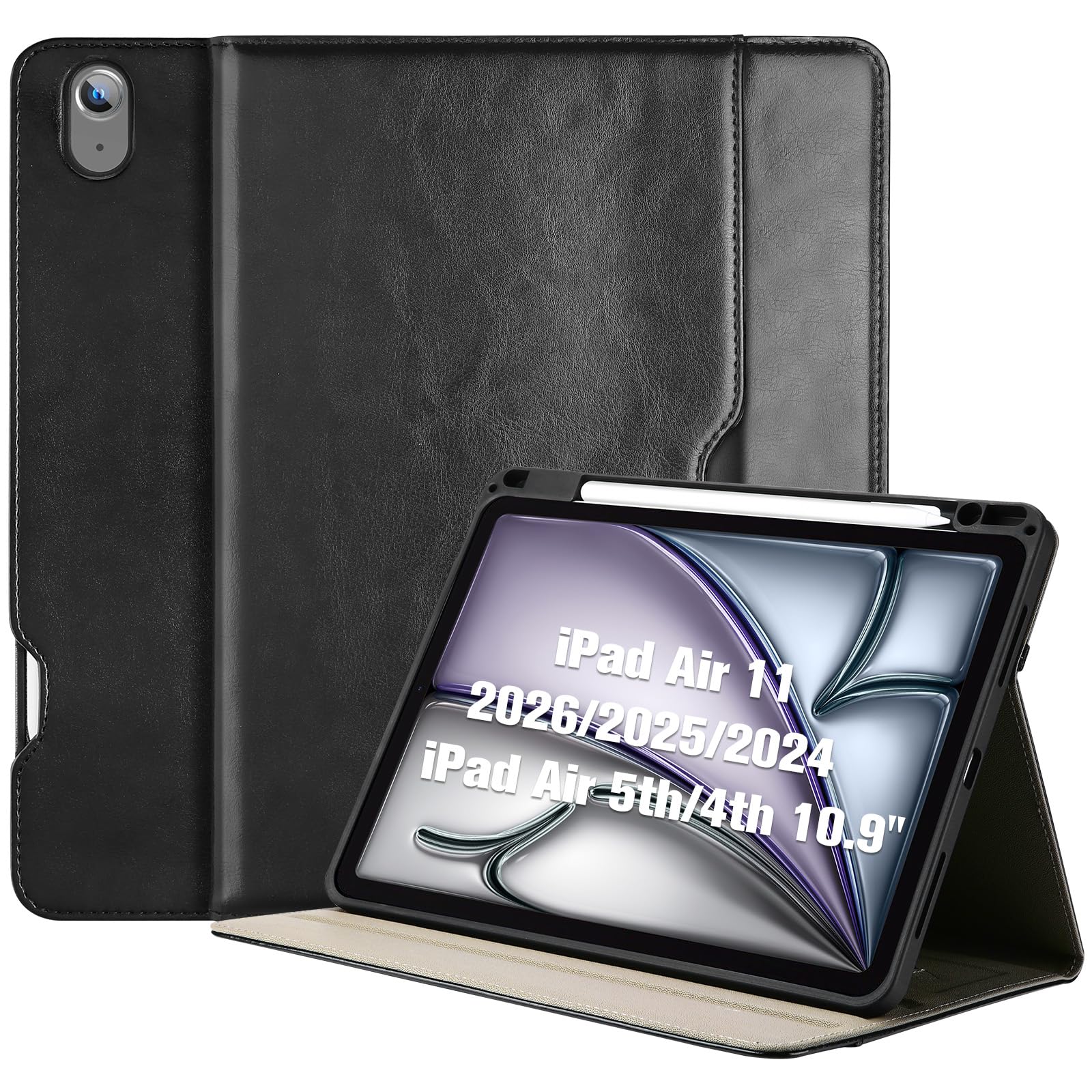 ProCase iPad Air 11 ケース (M4/M3/M2、2026/2025/2024) Air 6世代/5世代/4世代通用 10.9 ペン収納 耐衝撃 手帳型 スタンド フォリオカバー -ブラック