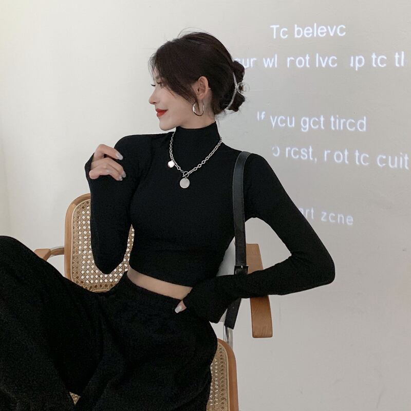 Tシャツ シャツ ベルベットスタイルオータムウィンタースリムクロップドトップス ロング 秋物 冬物 ブラックストロベリース22763362536