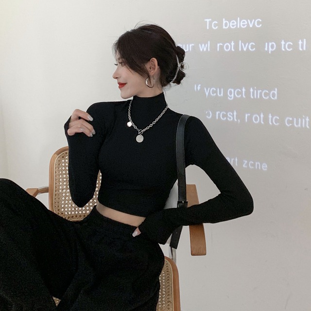 Tシャツ シャツ ベルベットスタイルオータムウィンタースリムクロップドトップス ロング 秋物 冬物 ブラックストロベリース22763362536