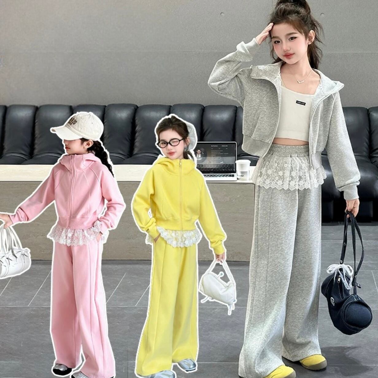 3色♡120~170♡パーカー+レースドッキングパンツセット