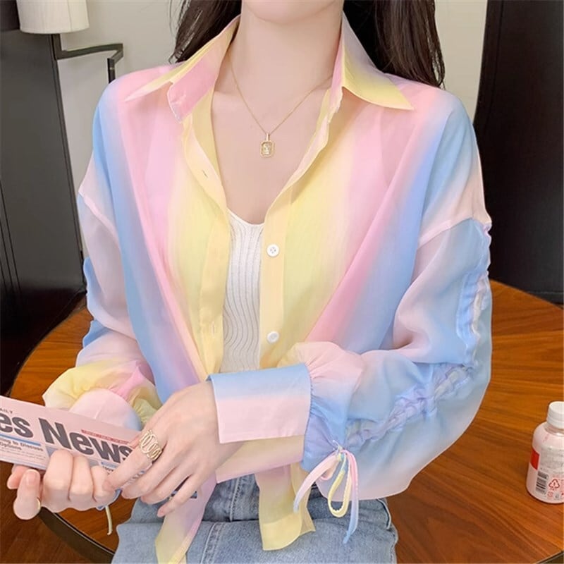 トップス シアーシャツ シャツ 袖あり 長袖 POLO襟 日焼け止め防止 かわいい 大人可愛い きれいめ シンプル カジュアル 大人 上品 おしゃれ お洒落 かっこいい こなれ感 キュート ガーリー クール セクシー レインボー 春 夏 秋 10代 20代 30代 40代 レディース 女性用 ママ デート お出かけ 女子会 休日 イベント リゾート 旅行 海 プール ショッピング 着回し 普段使い お揃い 双子 韓国 韓国系 オルチャン ファッション コーデ スタイル 楽ちん 流行 インスタ映え SMS