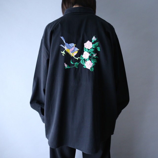"刺繍" 鳥×花 front and back design black mode shirt