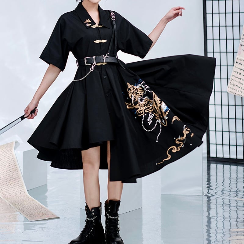 サブカル 服 地雷系 通販 ワンピ ミドル丈 アシンメトリー チャイナ服 中華服 刺繍 レトロ 闇かわいい ストリート系バンギャ