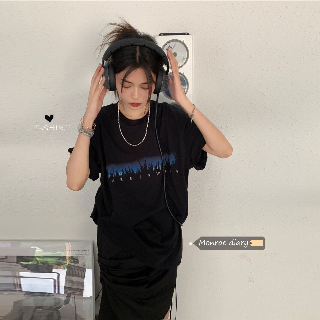 スタイルブラックルーズTシャツ サマートップス かわいい 夏物 モンロー57164689569