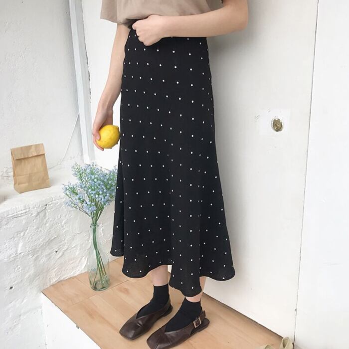 スカート スプリングオータム薄手ハイウェストウェスト水玉Aライン レッド 春物 秋物 試着室42499111991