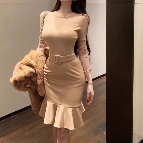 シアー切り替えマーメイドワンピ ・13262