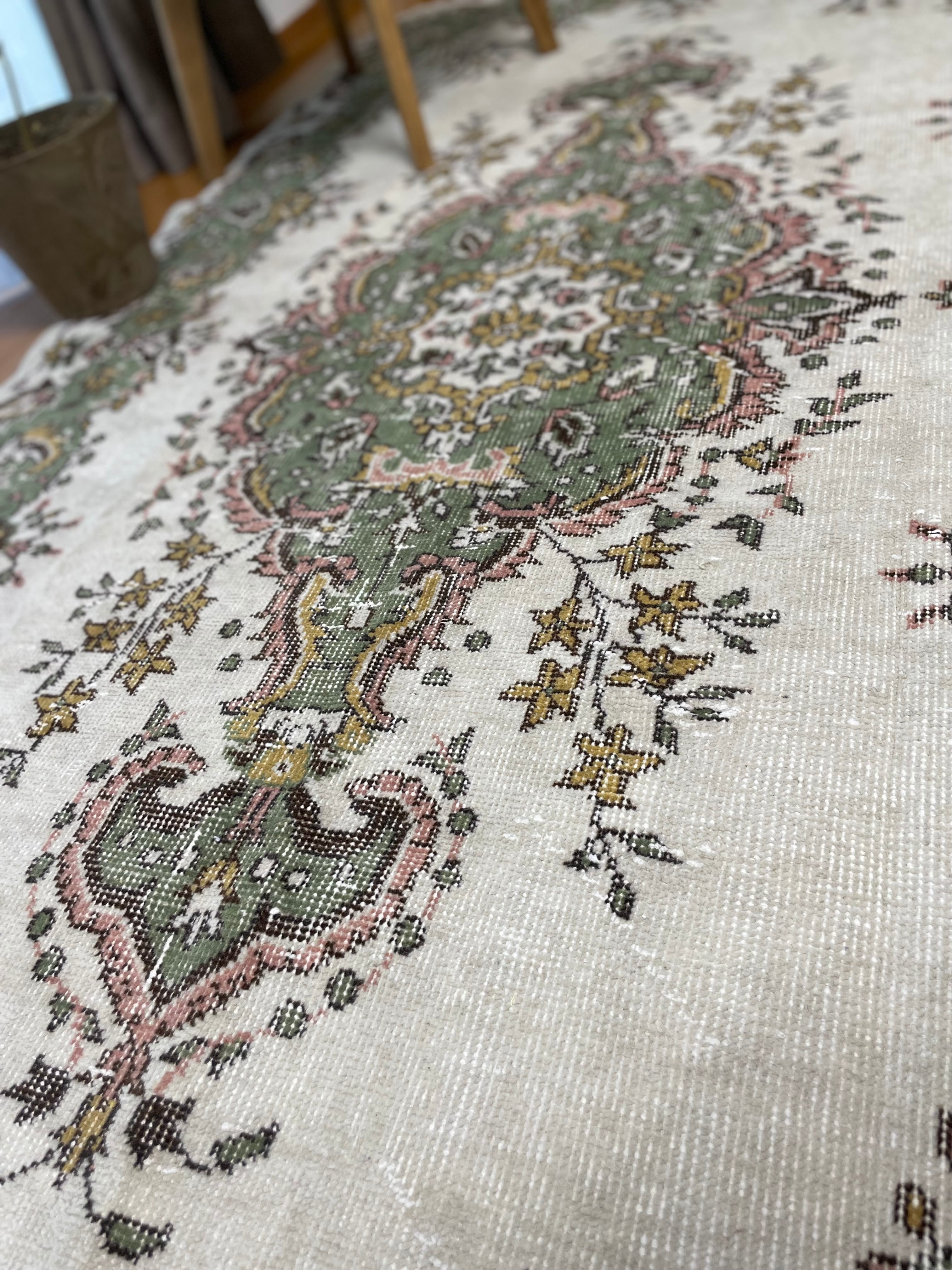 ヴィンテージランナーラグ 抹茶グリーンメダリオン トルコラグ vintage