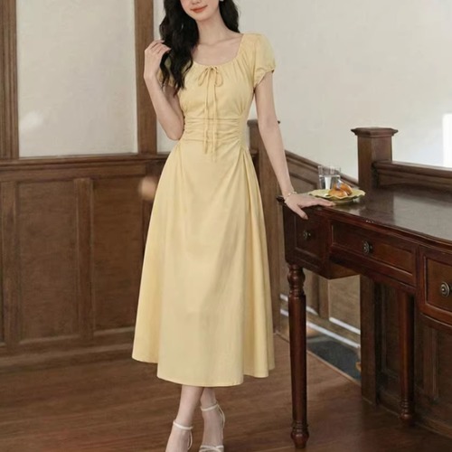 4色／リボンギャザーネックパフスリーブワンピ ・75702