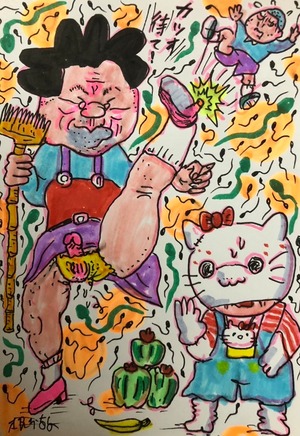 原画・着色ドローイング「コスプレシリーズA サ◯エさん、カツオ＆キテ◯ちゃん」