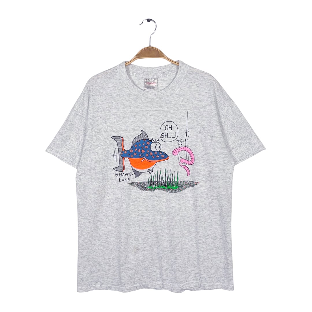90s シャスタ湖 釣り 魚 餌 ユーモアT メキシコ製 ヴィンテージ Tシャツ 霜降りグレー シングルステッチ SHASTA LAKE オニータ ONEITA サイズL BZ0638