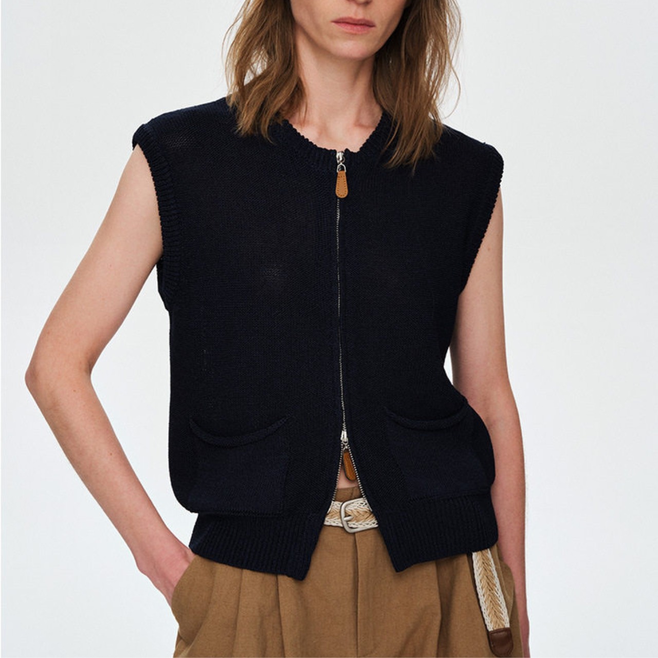Zip Front Sleeveless Knit Vest  T4564