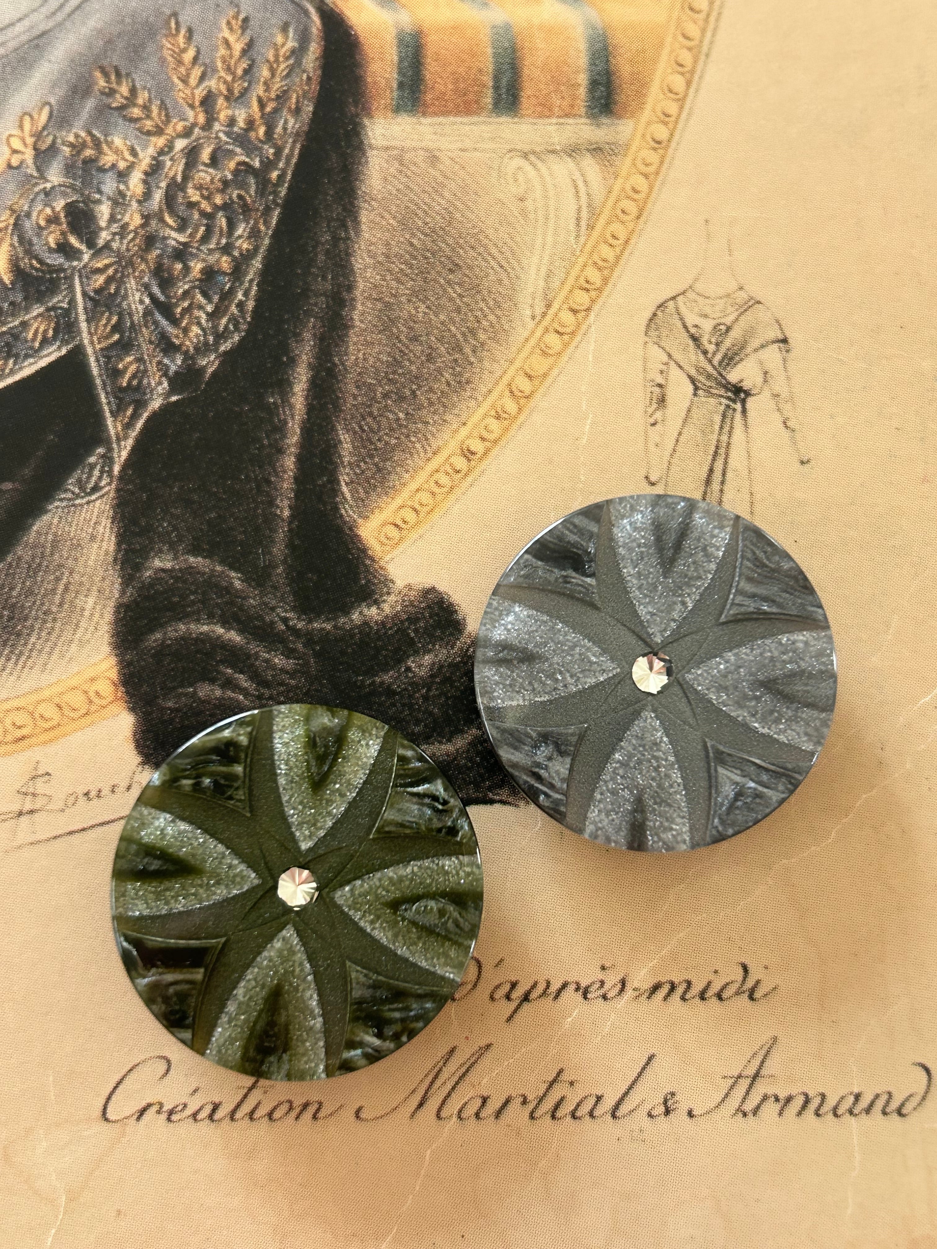 Japanese Vintage ボタン カーキ/グレー 23mm ストーン 昭和レトロ アクセサリーパーツ 装飾材 カルトナージュ