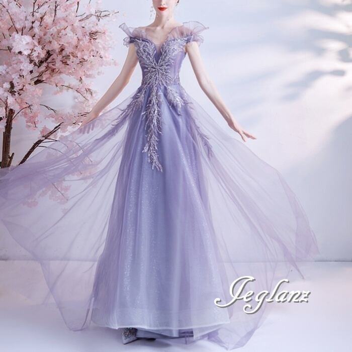 ウエディング カラードレス オフショル チュール ビジュー 光沢感(M8978)π