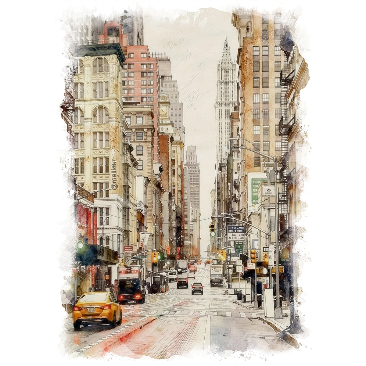 絵画 風景画(街並み) アメリカ ニューヨーク ブロードウェイの街並み