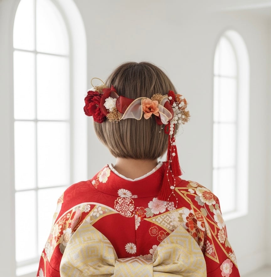 【成人式・卒業式】sold out 椿リボン髪飾り|ボブ ショート ハーフアップにぴったりな和モダンデザイン