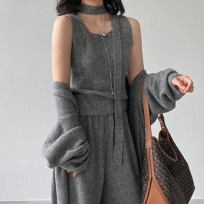 【set】ロングカーディガン×スカーフ付きベスト×ワイドパンツ3点セット Q7235