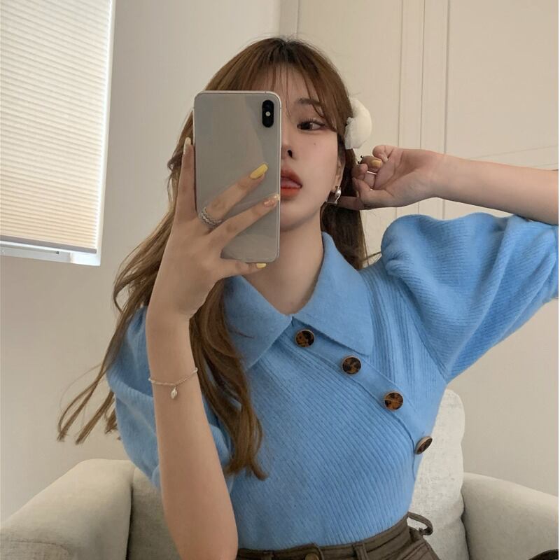 ニットセーター ショートスリムカラー半袖スリーブシャツ スプリングプルオーバー トップス ハーフスリーブ 春物 ブラックストロベリース52341910213