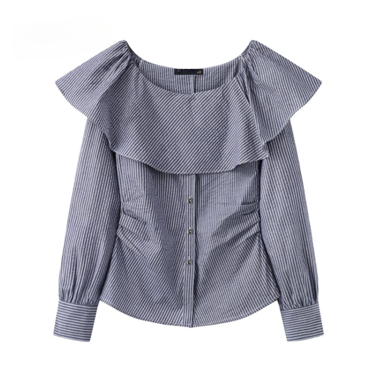 Ruffle Cape Stripe Blouse F0473