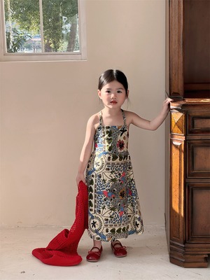 バッククロス 花柄 リゾート キャミワンピース サマードレス クロスストラップ ボタニカル 鳥 アジアン エスニック 女の子 キッズ / 90 100 110 120 130 140