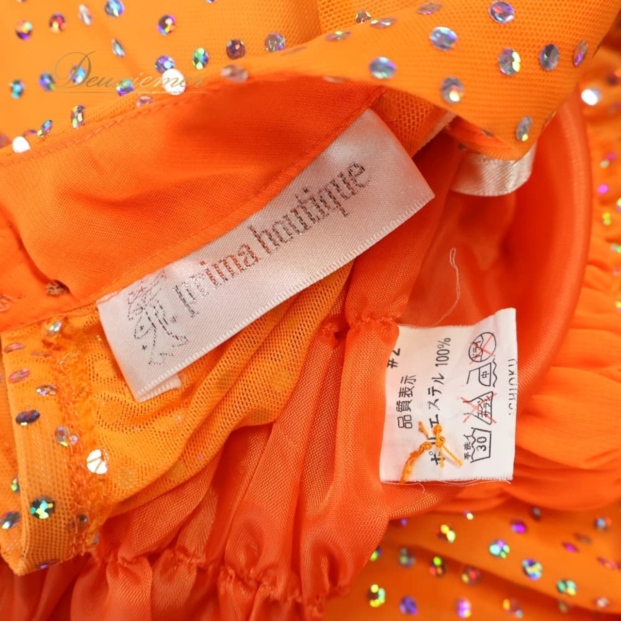 社交ダンス 衣装 prima boutique プリマブティック ドレス ワンピース オレンジ系 ホログラム レース 透け感 上品 明るい 鮮やか ダンス衣装 イベント ステージ パーティー レディース キラキラ 輝き 練習 レッスン