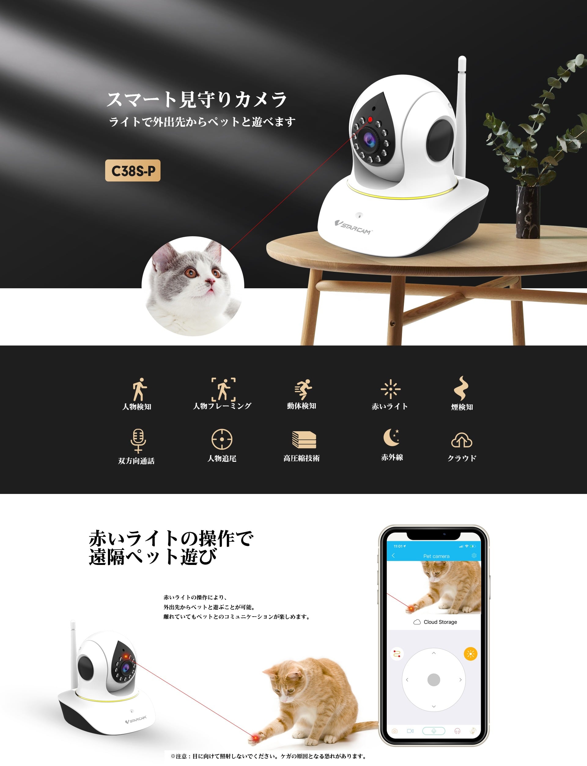 見守りカメラ C38S-P パンチルト対応 WiFi 動体検知 ナイトビジョン