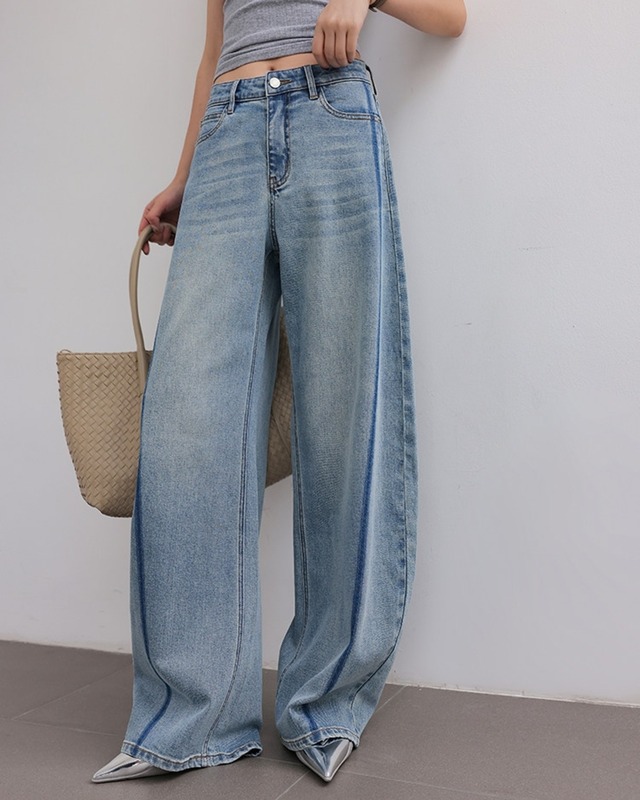 Colorblock wide leg denim pants L0174