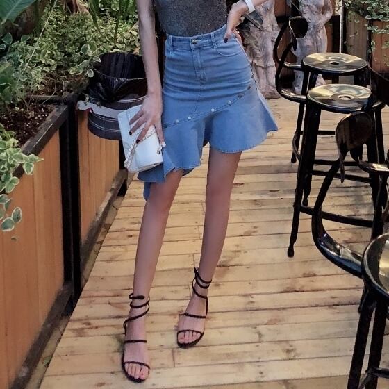 大人 シック カジュアル デニムスカート 膝丈 フィッシュテール  