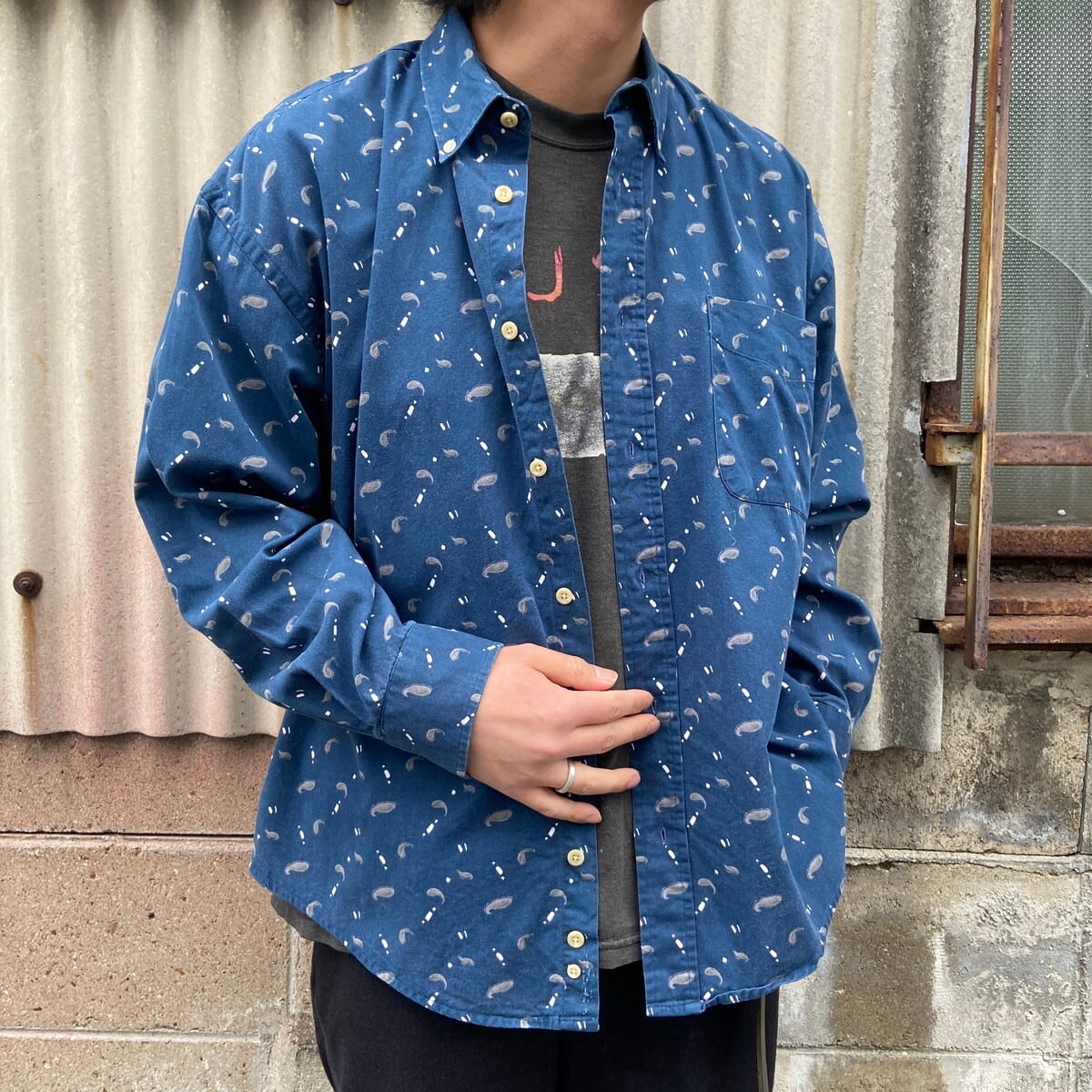 NATURAL ISSUE 総柄 長袖コットンシャツ メンズL 古着 ボタンダウン 