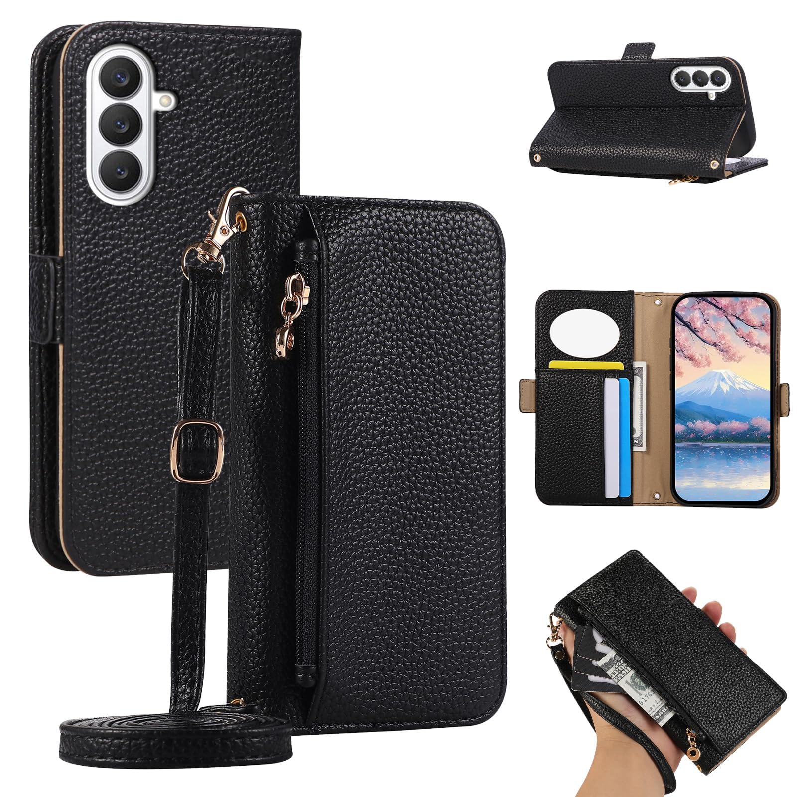 TOO&SOO と互換性がある galaxy s26 ケース 手帳型 ギャラクシーS26 スマホケース 鏡付きgalaxys26 携帯カバー 肩掛けショルダーストラップ付き レザー調 シボ加工 PUレザー カード収納 ジッパーポケット ボタン式マグネット 耐衝撃 多機能-黒
