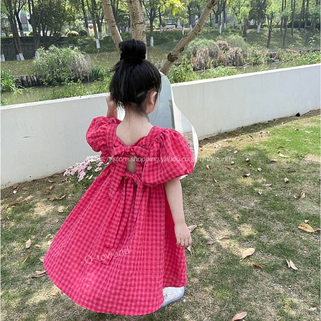【100㎝-140㎝】ワンピース　バックリボン　チェック柄　女の子　韓国版　可愛い　子供服 人気　女の子　韓国子供服　子供服