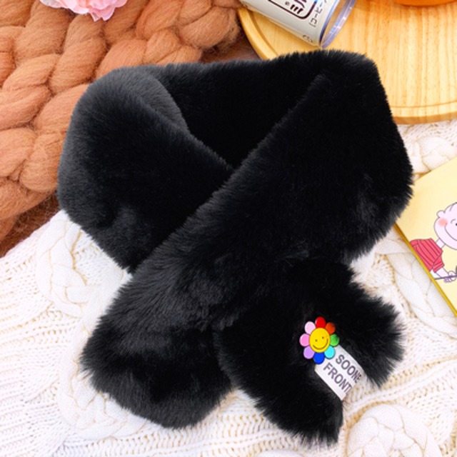 フラワーイラスト フェイクファー ティペット マフラー ラテカラー もこもこ ふわふわ 暖かい 無地 カジュアル 大人かわいい レディース Sunrise0911